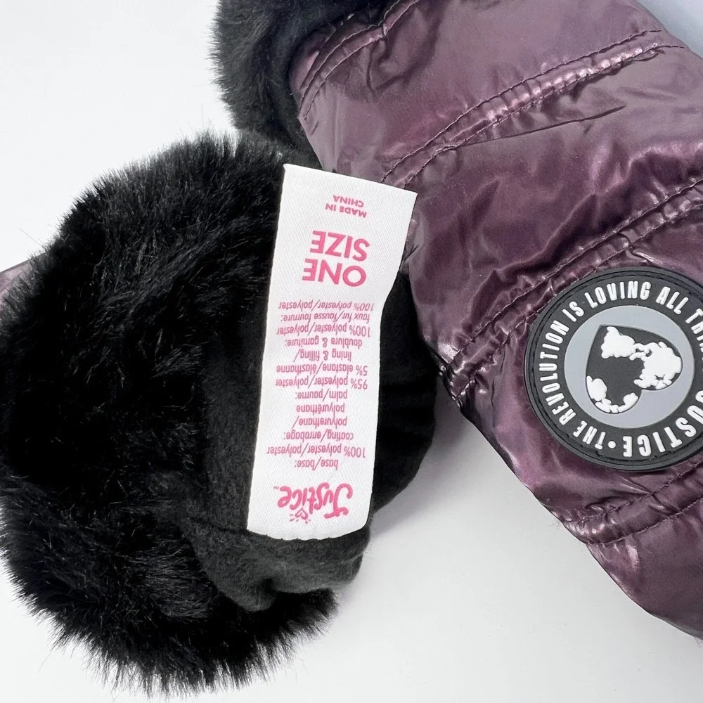 Justice Girls Metallic Purple Quilted Trapper Hat and‎ Mittens Set Faux Fur Trim